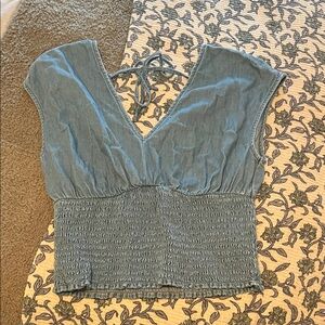 Smocked Blue denim V-Neck Women's Top